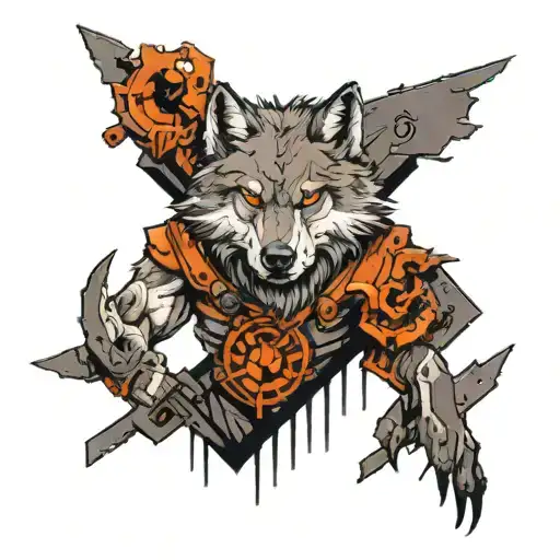 Illustrate a wolf standing in a post-apocalyptic landscape inspired by Doom Eternal, with wreckage and demons in the background, in a neotraditional style tattoo design idea