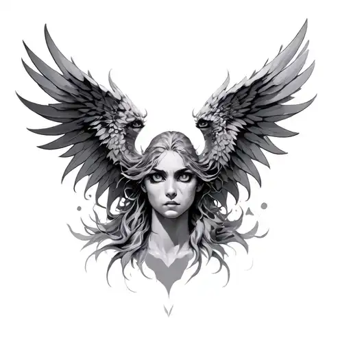 seraph on the chest, with eyes around covering the shoulders, tattoo design idea