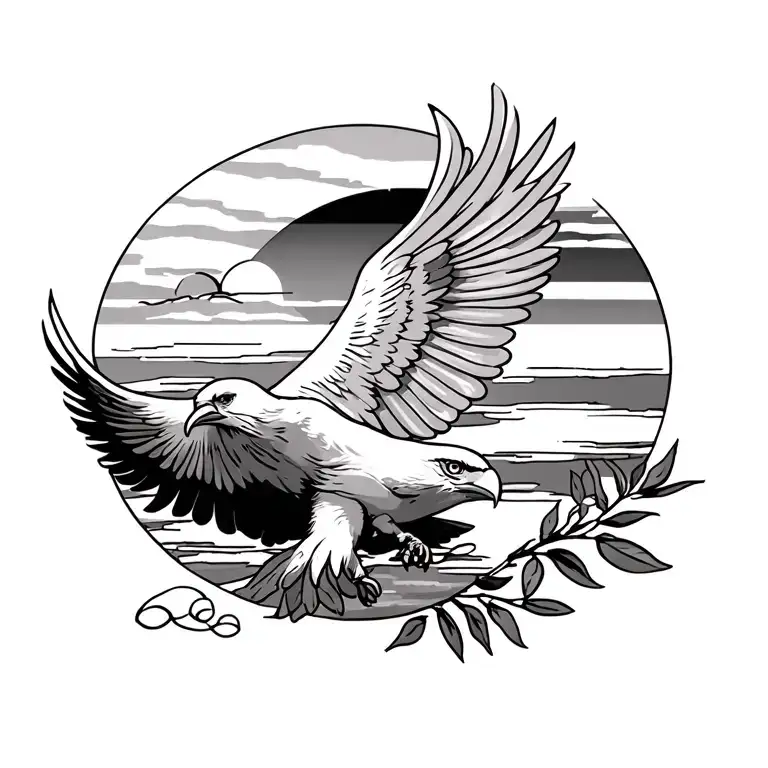 eagle on left, sunset in the middle/background, dove with olive branch on right tattoo design idea