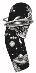 grey alien and space tattoo design idea