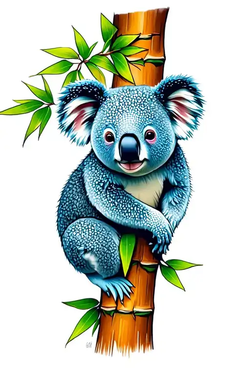 koala bear with blue attached to tree with bamboo  tattoo design idea