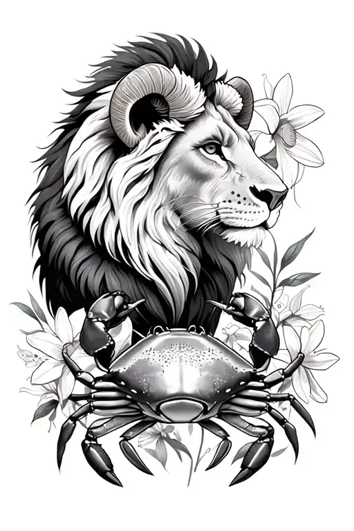 lion and crab and ram and Larkspur and daffodil tattoo design idea
