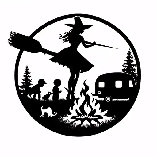 "IV V MMXIV" silhouette of busty sexy witch bride on broomstick over a campsite with a trailer and campfire with children & dog tattoo design idea