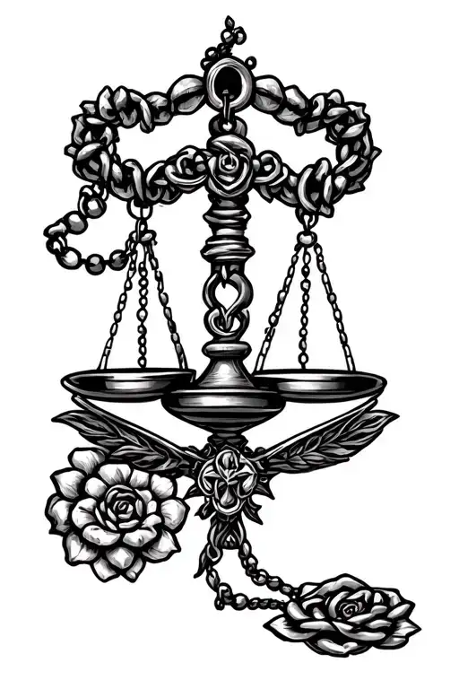 Libra scale and Rosary going around forearm with the Karma logo tattoo design idea