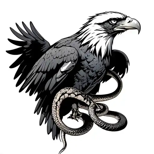 an eagle with bio-mechanical elements, holding a snake in its talons. Black and white. tattoo design idea