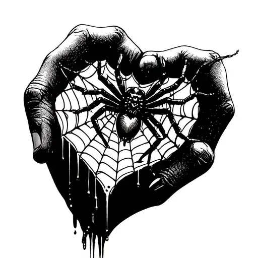 heart spider web with a spider going down on a finger with the vemon on top the the web tattoo design idea
