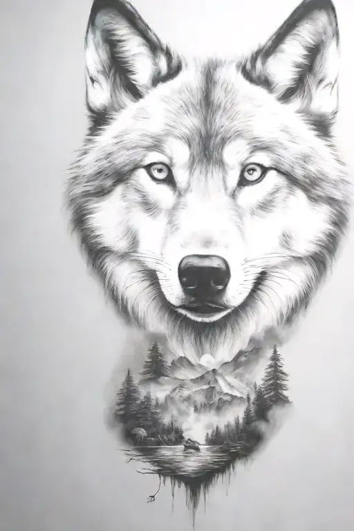 wolf cub, moon, forest, river, adult wolf, smoke rising tattoo design idea