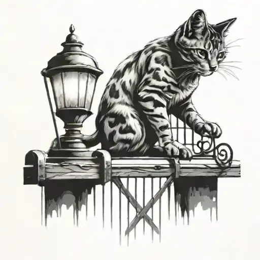 a lamp illuminating a fence with a cat's shadow on it tattoo design idea