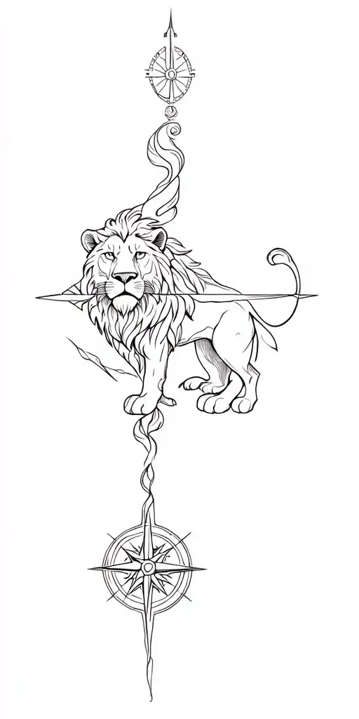 fine line tattoo sleeve full arm design with a lion, compass and more tattoo design idea