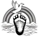 Black and white fine line tattoo template with a baby foot print, above a dove with double rainbow in the background tattoo design idea
