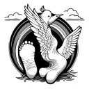 Black and white fine line tattoo template with a baby foot print, above a dove with double rainbow in the background tattoo design idea