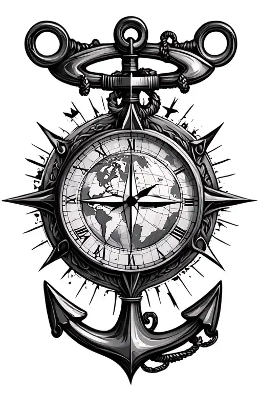 Anker clock compass world map anchor tattoo design idea