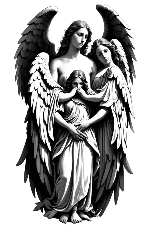 three angels with wings in increasing in size holding hands  tattoo design idea