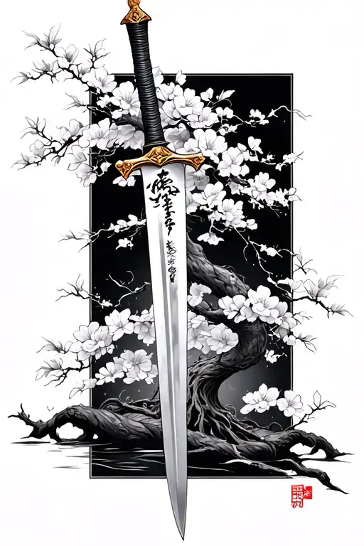 Samuri Sword and Sakura Tree tattoo design idea