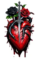 Dagger planted through a realistic bleeding heart ensnared by two black roses with thorns and a black mamba tattoo design idea