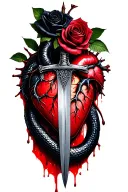 Dagger planted through a realistic bleeding heart ensnared by two black roses with thorns and a black mamba tattoo design idea