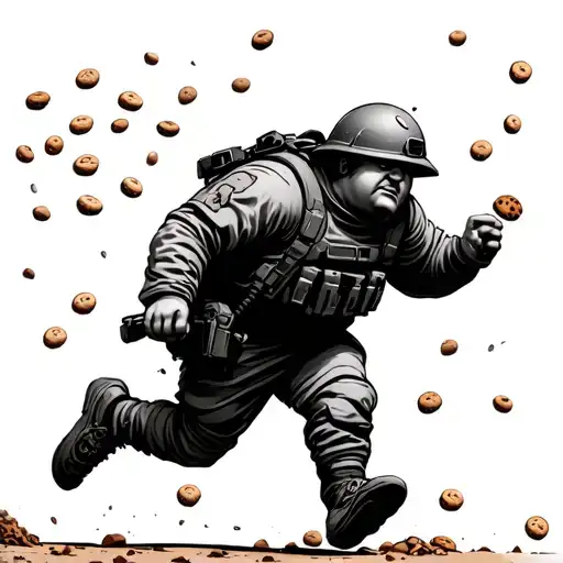fat soldier running with cookies falling out of his pockets tattoo design idea