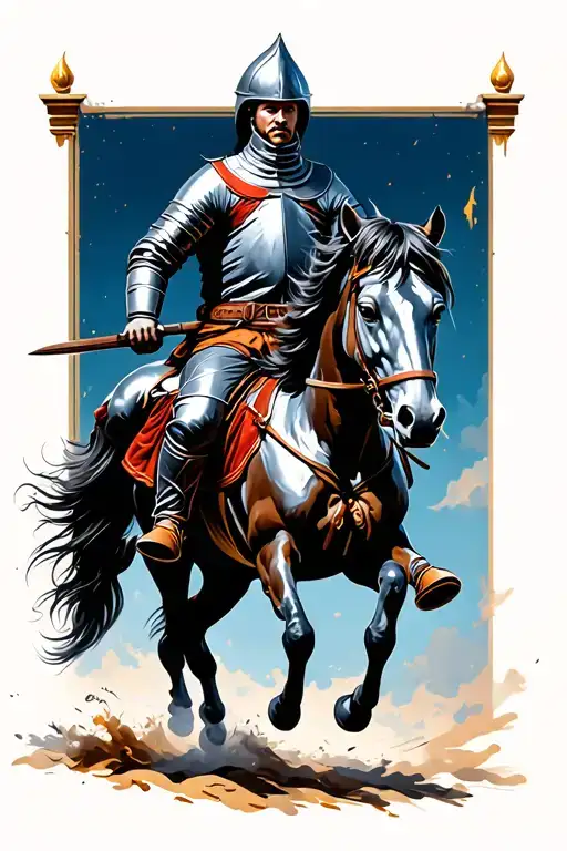 knight with lance riding hobby horse running tattoo design idea