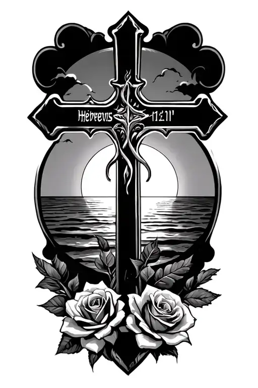 "Hebrews 12:11" Cross with sunset background and roses tattoo design idea