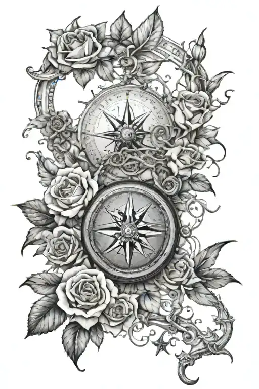 compass, hunting, and off shore fishing, roses blooming tattoo design idea