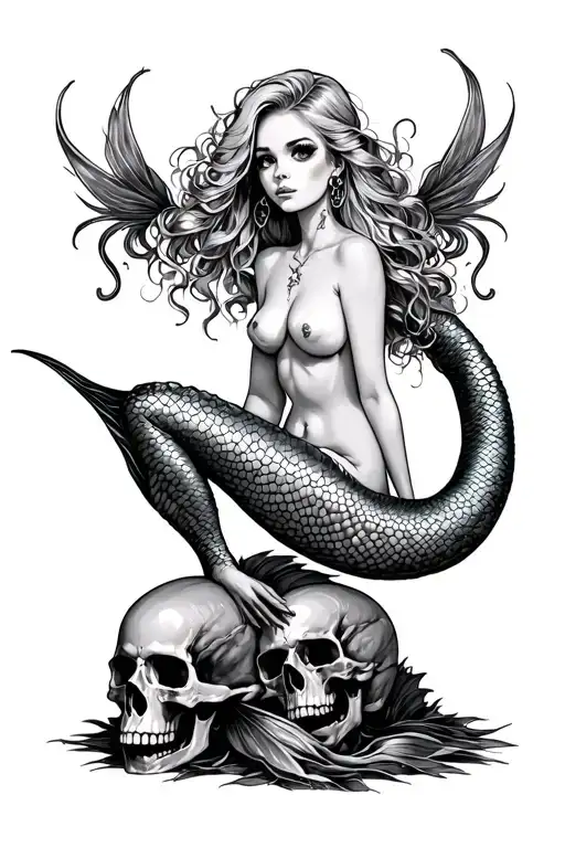 women with mermaid tail topless with nipple piercings sitting on a bed of skulls tattoo design idea