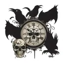skulls surrounding a broken clock face. crows, bats, clown skull tattoo design idea