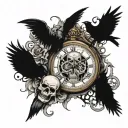 skulls surrounding a broken clock face. crows, bats, clown skull tattoo design idea