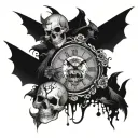 skulls surrounding a broken clock face. crows, bats, clown skull tattoo design idea