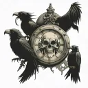 skulls surrounding a broken clock face. crows, bats, clown skull tattoo design idea