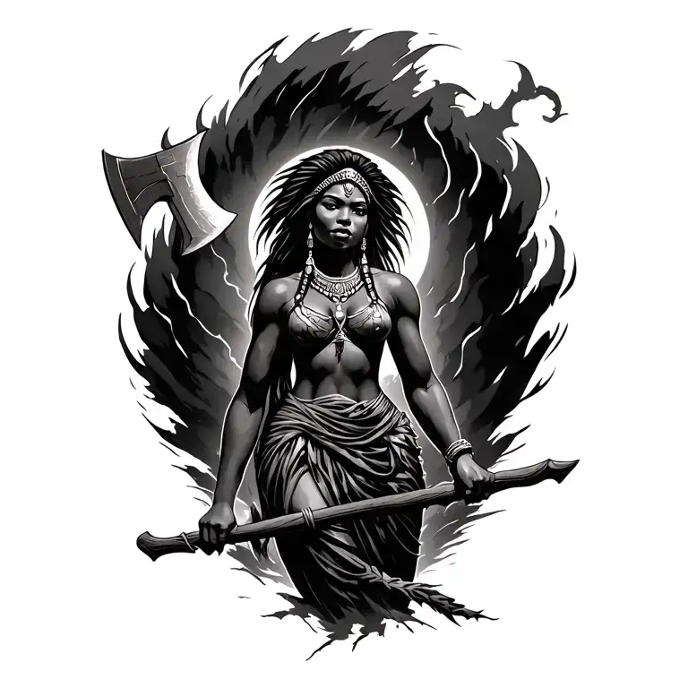 african goddess holding a axe under a tornado forming the shape tattoo design idea