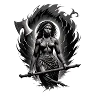 african goddess holding a axe under a tornado forming the shape tattoo design idea