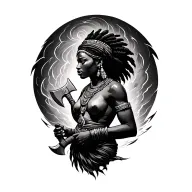african goddess holding a axe under a tornado forming the shape tattoo design idea