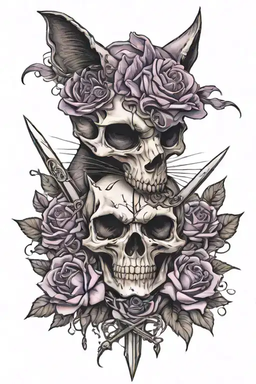 Tattoo with purple roses, on the right half a cat skull and on le left half a cat head, with three swords tattoo design idea