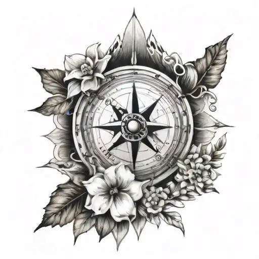 viking Compass, mountains, lake, two flowers tattoo design idea