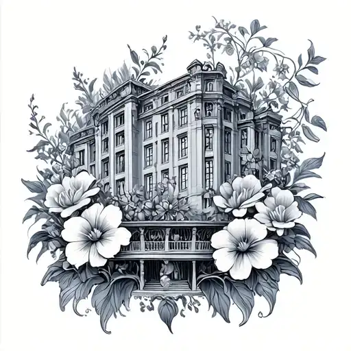 sterick building and art nouveau flowers growing tattoo design idea