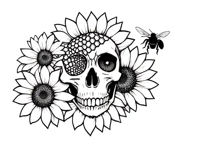 Sunflower Skull with a bee coming out of the eye of the skull with 2 more bees on the other flowers with honeycomb tattoo design idea