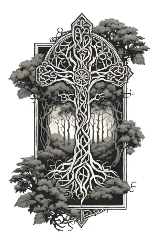 a celtic knot cross blended into the tree of life with a forest background  in black and white full sleeve tattoo  tattoo design idea