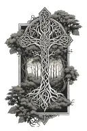 a celtic knot cross blended into the tree of life with a forest background  in black and white full sleeve tattoo  tattoo design idea