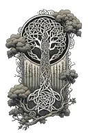 a celtic knot cross blended into the tree of life with a forest background  in black and white full sleeve tattoo  tattoo design idea