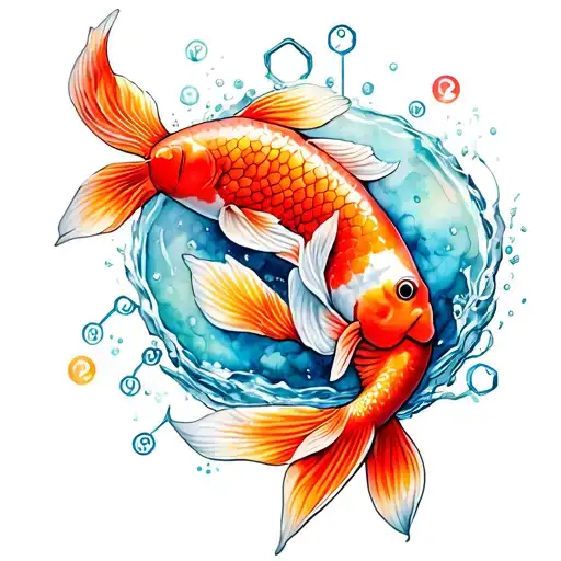a serotonine molecule with koi fish swimming inside of the molecule tattoo design idea