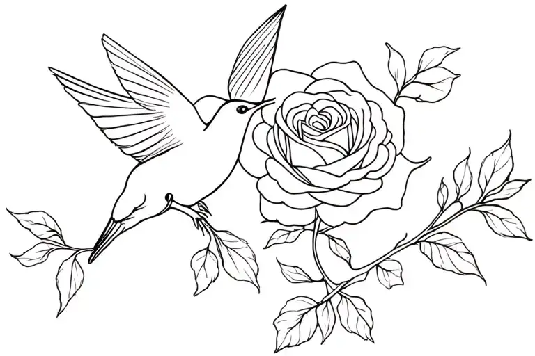 contunuous fine line humming bird and rose tattoo design idea