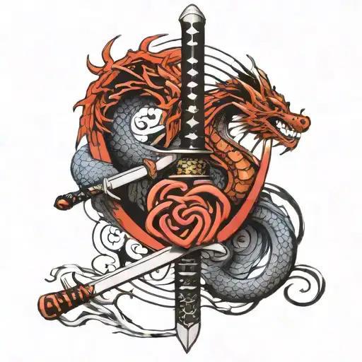 samurai sword,mystical,pair,heart fingerprint,samurai,dragon,mysterious,modern style tattoo design idea