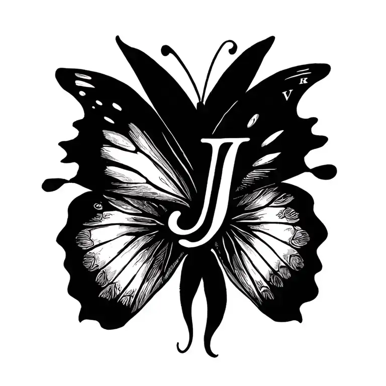 butterfly with alphabet J tattoo design idea