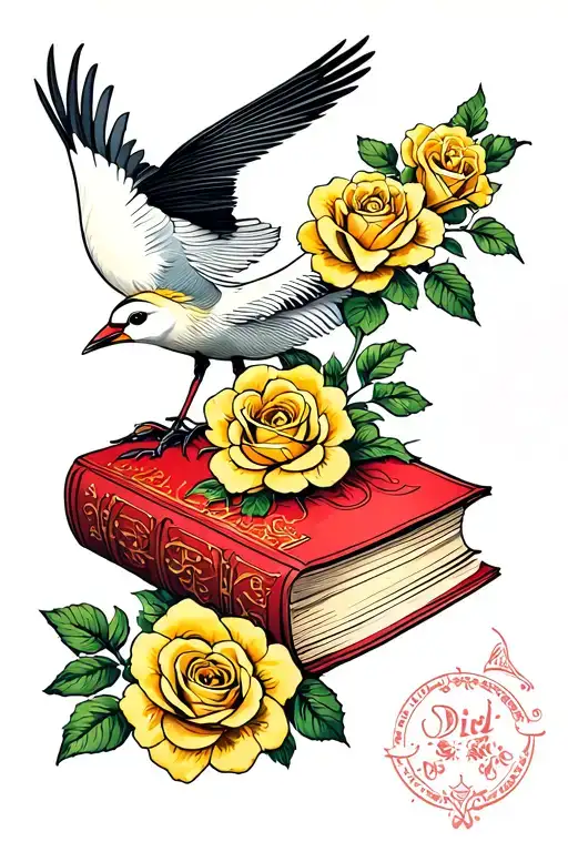 post stamp with yellow roses, a red book and a crane bird tattoo design idea