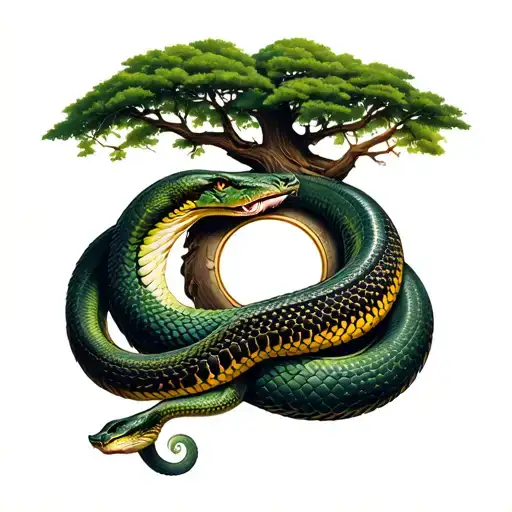 snake wrapping around tree of life intertwined tattoo design idea