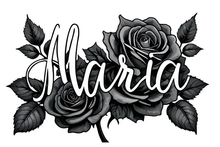 the name "Maria" on a rose stem with roses  tattoo design idea