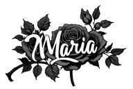 the name "Maria" on a rose stem with roses  tattoo design idea