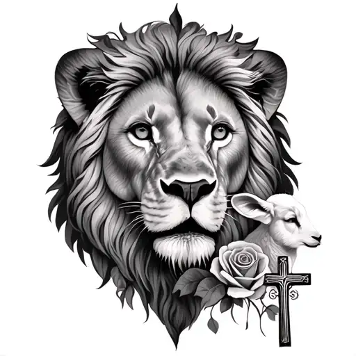 Full Sleeve with a lion, lamb , cross, roses, realism  tattoo design idea