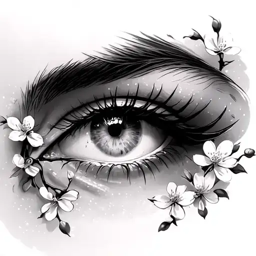 female eye with no eyebrow with cherry blossoms tattoo design idea