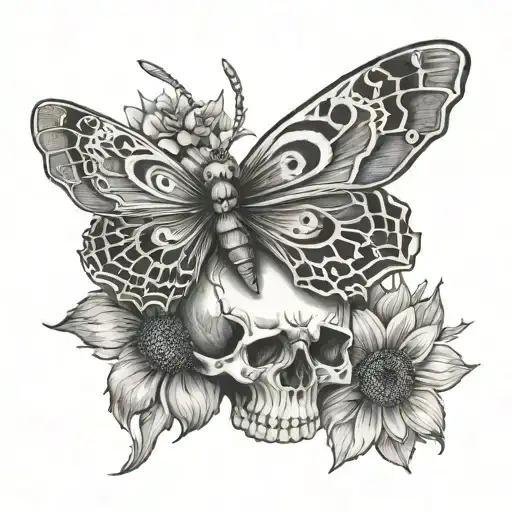 side view of moth with skull as body and sunflowerd intertwined tattoo design idea